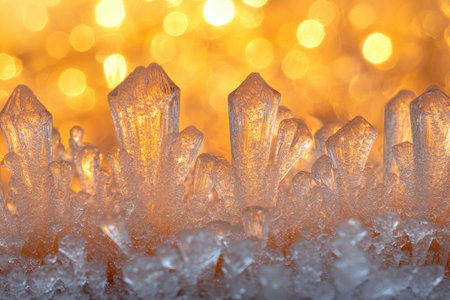 Ice crystals glistening with golden bokeh create a magical winter scene, perfect for Christmas or New Year themesの素材