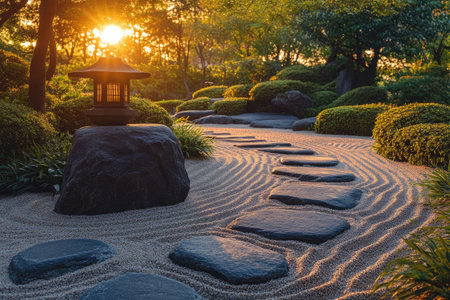 Tranquil scene of a traditional Japanese rock garden with stone path, raked gravel, and stone lantern illuminated by golden sunset lightの素材
