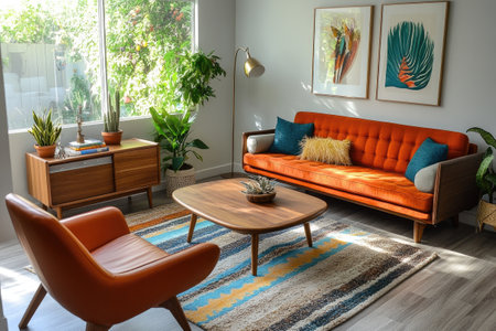 Stylish mid-century modern living room with orange furniture, houseplants, and decorative rugの素材