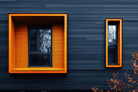 Striking orange window frames accentuate a dark, modern building facade, creating a visually appealing contrastの素材