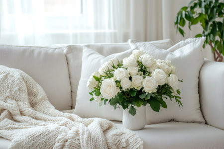 White roses add a touch of elegance to a cozy living room, creating a serene and inviting atmosphereの素材