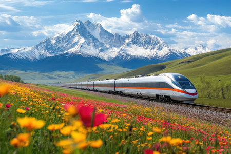 High-speed train traversing a picturesque mountain valley adorned with vibrant wildflowers, showcasing the beauty of travel and natureの素材