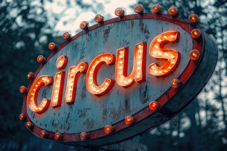 Bright vintage circus sign with glowing lights, evoking a sense of wonder and excitementの素材