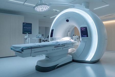 Empty patient bed positioned next to a brightly lit mri scanner in a contemporary hospital room, prepared for medical imaging proceduresの素材