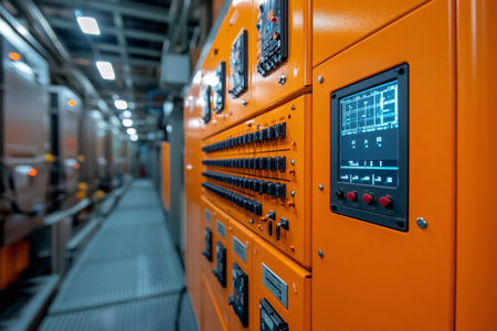 Electrical control panel with switches, buttons, and digital display monitoring industrial processesの素材