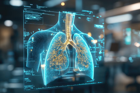 Holographic projection displaying lungs and respiratory system with medical data analysis in futuristic laboratory settingの素材