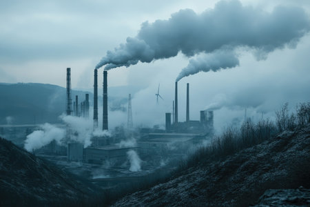 Smoke billowing from industrial chimneys highlights the contrast between polluting industries and renewable energyの素材
