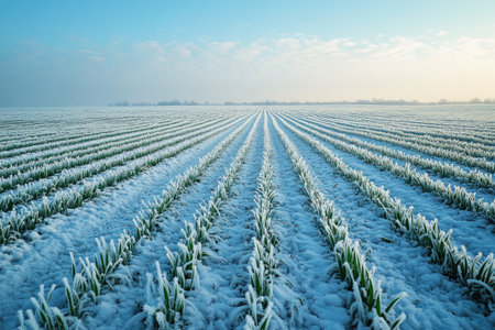 Rows of winter crops covered in a thick layer of frost stretch towards the horizon under a clear blue skyの素材