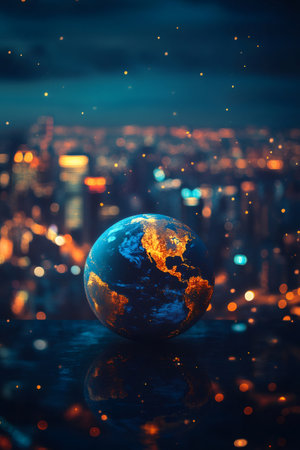 Glowing earth with america continent visible floating over dark reflecting surface with blurred city lights in the backgroundの素材