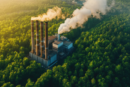 Aerial view of a power plant emitting smoke and pollution over a green forest, illustrating environmental damageの素材