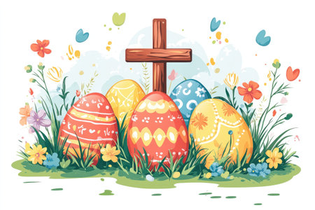 Colorful easter eggs and wooden cross are celebrating the resurrection of jesus christ in a beautiful meadowの素材