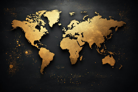 Golden world map illustrating continents on a textured black background, representing global geographyの素材