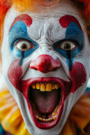 Close-up of a scary clown screaming, showing yellow teeth and red noseの素材