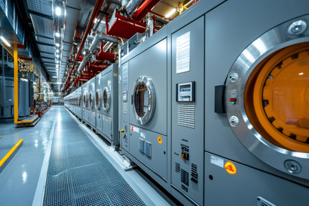 Clean and organized industrial laundry room with a row of washing machines runningの素材