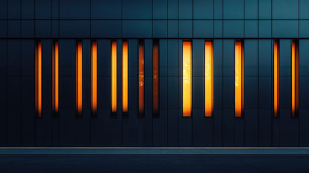 Warm orange light emanating from vertical windows of a contemporary building facade at dusk, creating a striking visual contrastの素材
