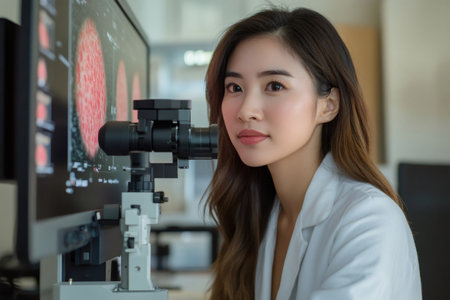 Female scientist working with a microscope connected to a computer monitor displaying microscopic images, conducting research in a modern laboratoryの素材