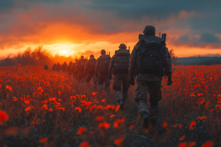 Soldiers are walking through a poppy field at sunset during a military operationの素材