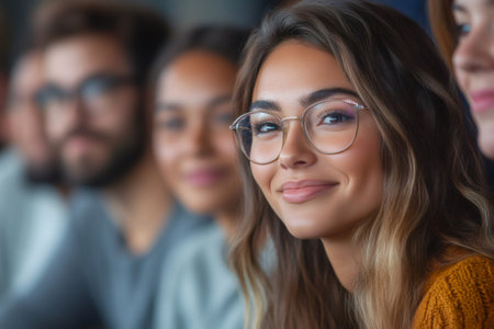 Portrait of a young businesswoman wearing glasses and smiling slightly during a meeting with her colleaguesの素材