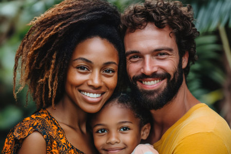 Portrait of a cheerful multi-ethnic family smiling together outdoors, enjoying quality time amidst natureの素材