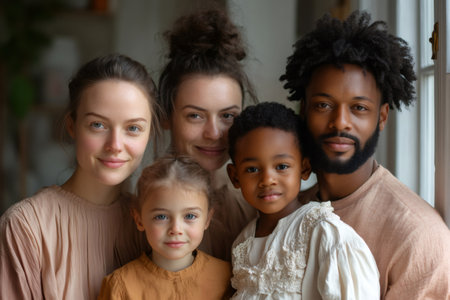Portrait of a happy multiethnic family posing together at homeの素材
