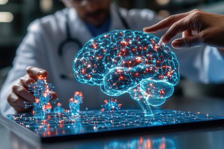 Medical professionals analyzing a 3d projection of a human brain, exploring neurological functions and advancing healthcare technologyの素材