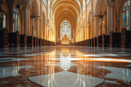 Empty cathedral interior with sunlight reflecting on marble floor and rows of wooden pewsの素材
