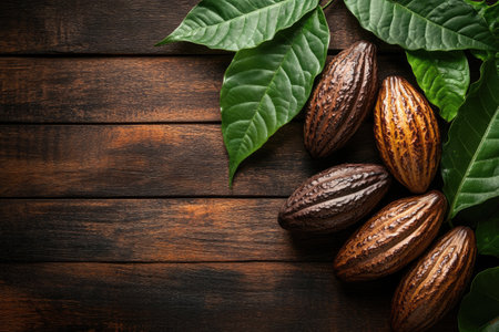 Ripe cocoa pods and green leaves arranged on a dark wooden table, creating a cozy and inviting atmosphereの素材