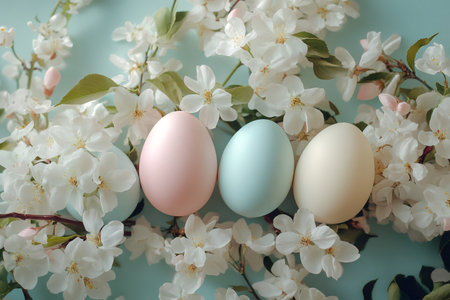 Easter eggs are lying on blooming apple tree branches on a turquoise background, creating a beautiful spring compositionの素材