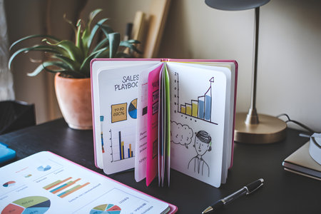 Notebook showing positive growth and new business ideas with colorful sticky notes on office deskの素材