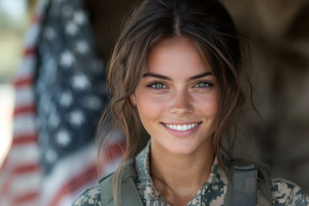 Confident female soldier smiling with american flag in background, representing military service, patriotism, and national prideの素材