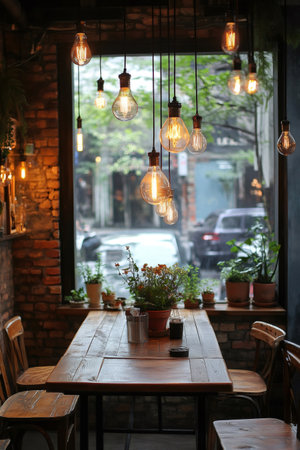 Warm lighting creates an inviting ambiance in a cafe with a rustic wooden tableの素材