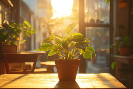 Warm sunlight illuminates a philodendron plant, creating a cozy atmosphere in a home interiorの素材