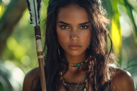 Powerful indigenous amazonian warrior woman holding spear, protecting rainforest habitat, facing camera with serious expressionの素材