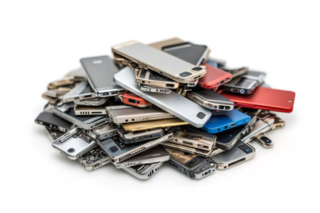 Damaged smartphones are creating a pile of technological waste, highlighting the environmental impact of electronic devicesの素材