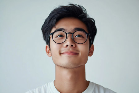 Portrait of a smiling young man wearing glasses looking up against a white backgroundの素材