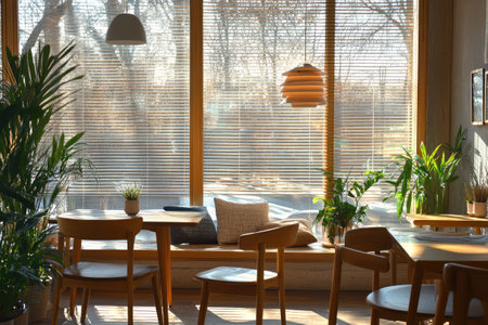 Warm sunlight illuminates a cafe interior, highlighting wooden furniture, lush plants, and creating a welcoming atmosphereの素材
