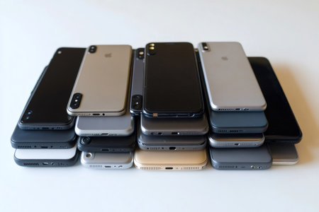 Many smartphones are stacked forming a pyramid, showing their back covers in different colorsの素材