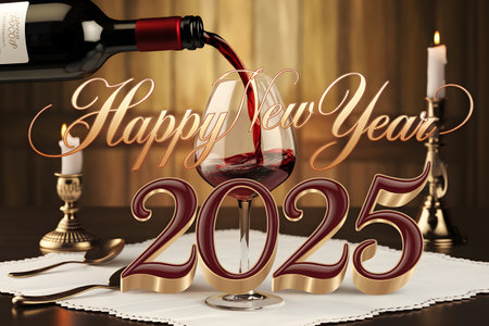 Red wine pouring into a glass with the text happy new year 2025 on a festive table settingの素材