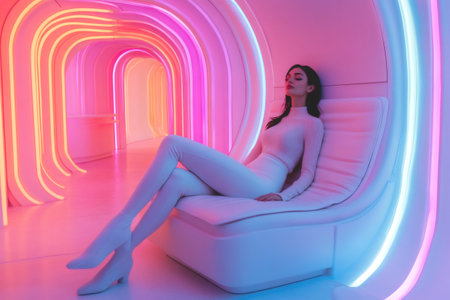 Model resting in a white armchair in a futuristic lounge with curved pink and blue neon lightsの素材