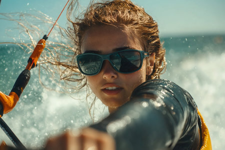 Female kitesurfer wearing sunglasses riding the waves with her kiteboardの素材
