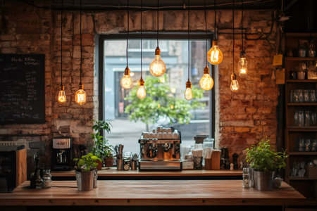 Rustic coffee shop counter with hanging edison light bulbs and a coffee machine, creating a cozy atmosphereの素材