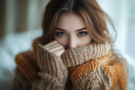 Young woman is holding her warm oversized sweater up to her face, protecting herself from coldの素材