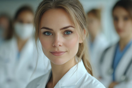 Female doctor stands confidently in a hospital setting, leading her medical teamの素材