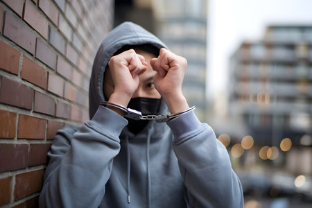 Criminal wearing hoodie and black face mask is being arrested by policeの素材