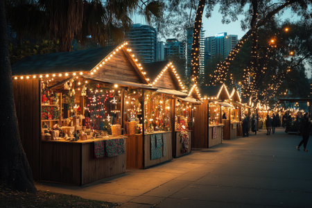 Wooden Christmas market stalls, adorned with twinkling lights and festive ornaments, selling gifts and seasonal items, creating a magical holiday atmosphere at nightの素材