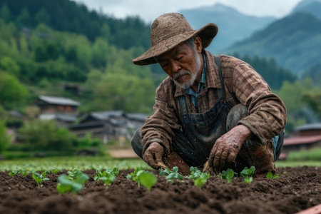 Elderly farmer tending to young plants in a fertile field, embodying agricultural dedication and expertiseの素材