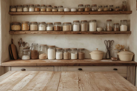 Glass jars filled with various food ingredients are neatly arranged on rustic wooden shelves in a cozy kitchen, creating a warm and inviting atmosphereの素材