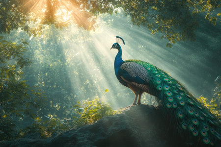 Beautiful peacock with iridescent feathers standing on a rock in a forest illuminated by golden sunlightの素材