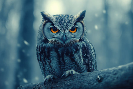Owl with intense orange eyes perched on a branch in a dark and atmospheric forest settingの素材