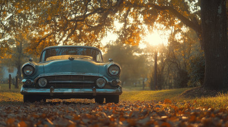 Vintage car parked on a road covered with fallen leaves, bathed in the warm glow of the setting sun during autumnの素材